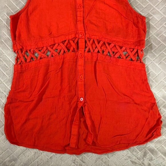 Luca Couture Womens Large Blouse Red Collared Button Up Gauzy Rayon Sleeveless - Picture 3 of 10